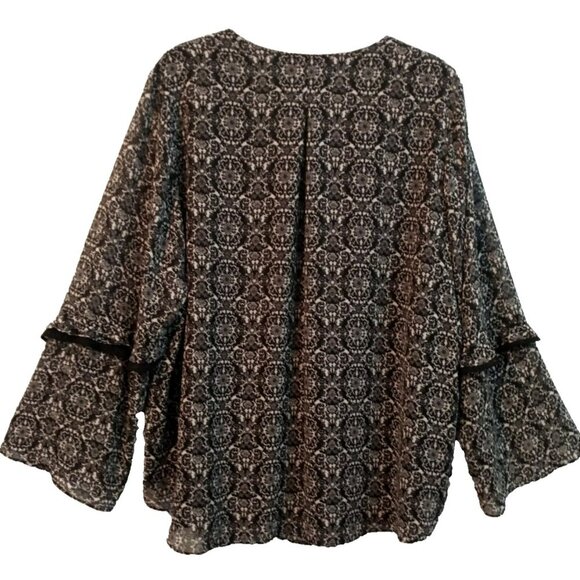 Belle by Kim Gravel Blouse Ruffle Front Flared Sleeve Black/White Lined - 2X - Picture 6 of 10